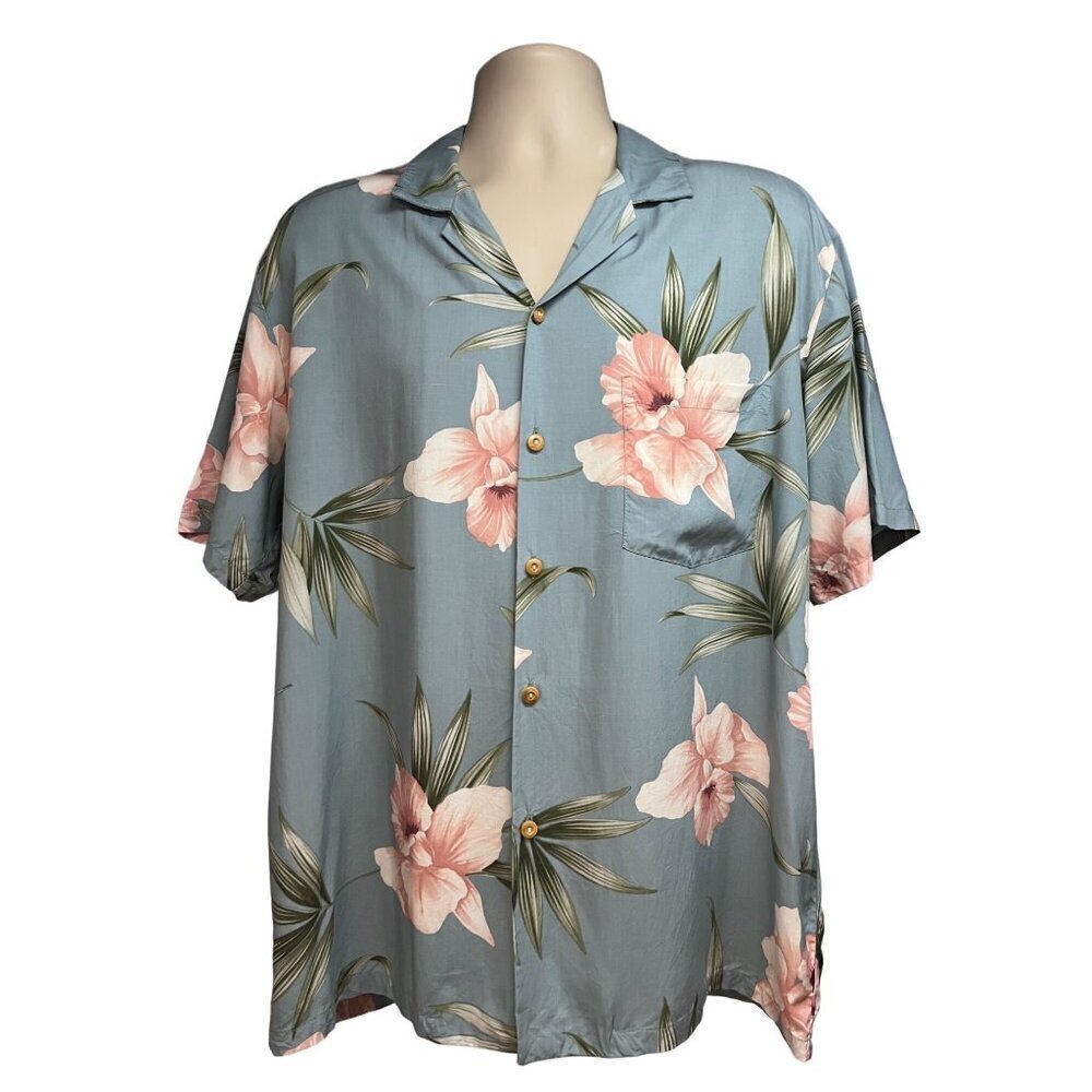 Vintage Paradise Found Blue Floral Hawaiian Button Up Shirt Large Pocket USA